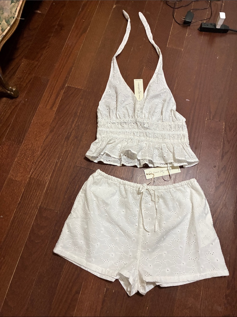 Eyelet Halter Crop Top & Short Set - White